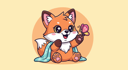 Cartoon fox with butterfly illustration vector design animal wildlife