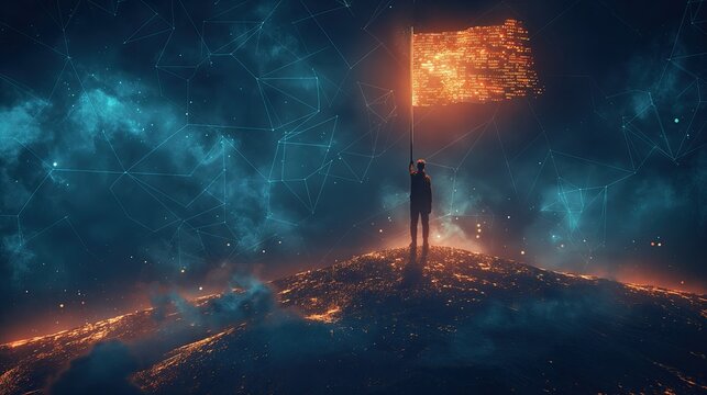 Silhouette of a leader holding a digital data flag on a glowing peak. Cinematic concept of AI victory, technology achievement, and future leadership