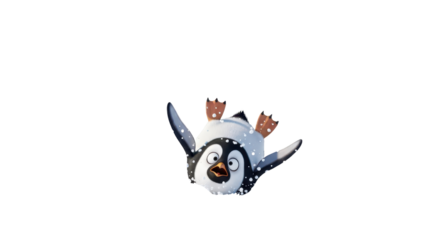 Cute Animated Penguin Character Falling Upside Down with Snowflakes isolated PNG with Transparent Background