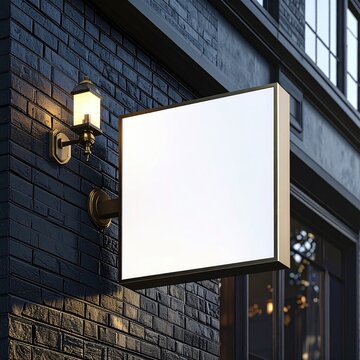 Blank square sign on dark brick wall at night