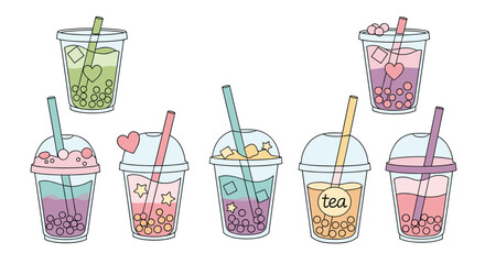 Colorful collection of various bubble tea drinks in transparent plastic cups, illustrated in a cute and trendy line art style.