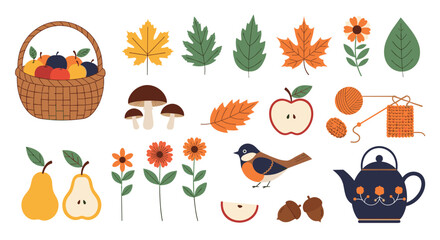 Fototapeta premium Cozy autumn collection of seasonal elements including a fruit basket, fall leaves, mushrooms, a teapot, and knitting supplies.