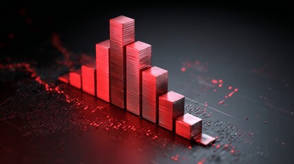 Abstract 3D Data Visualization with Red Bar Graph on Black Background Representing Business Analytics and Market Trends in Digital Environment