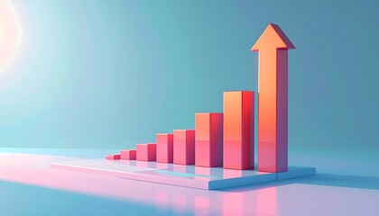 Visually striking 3D bar graph with an ascending arrow, symbolizing robust business growth, financial success, and forward-moving progress in a dynamic, illuminated market environment