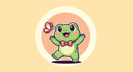 Cartoon frog illustration with butterfly and smiling expression on yellow background