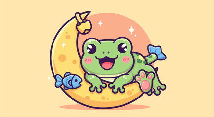 Cartoon frog on crescent moon with fish vector illustration for design