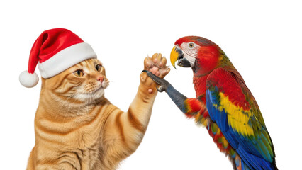 Fototapeta premium Cute Orange Tabby Cat in Santa Hat High-Fiving Colorful Macaw Parrot isolated PNG with Transparent Background