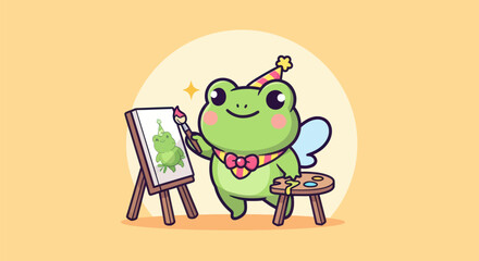 Cartoon frog painting art creative illustration with brush and easel