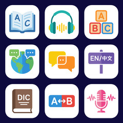 Language learning and translation flat icons set: dictionary, audio, conversation, foreign language, microphone, and education concepts.