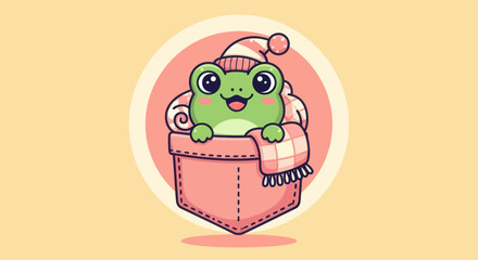 Cartoon frog wearing hat in pocket smiling vector illustration