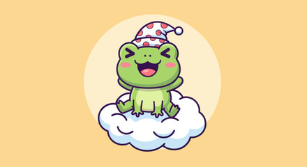 Cartoon frog wearing nightcap sits on cloud in vector illustration