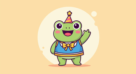 Cartoon frog wearing party hat and waving hand on gradient background