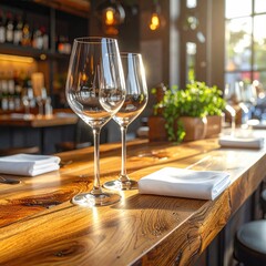 Restaurant bar counter, wine glasses, sunlight