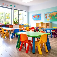 Colorful preschool classroom with bright tables and chairs