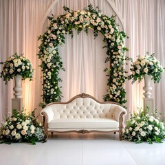 Elegant floral archway with a cream sofa