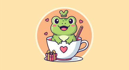 Cartoon frog with crown in cup surrounded by hearts and gift illustration
