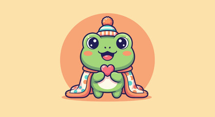 Cartoon frog with heart cute green character holding a symbol of love