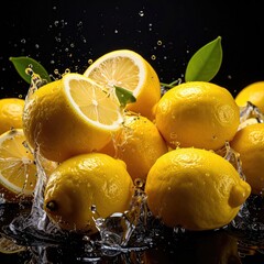 Freshly sliced lemons in water splashes