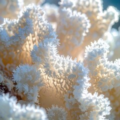 Close-up of delicate, white coral formations, sunlit, intricate patterns