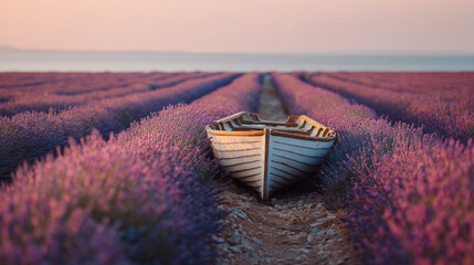 A boat is sitting in a field of purple flowers