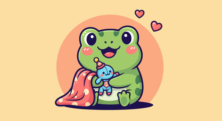 Cartoon frog with toy and blanket illustration against yellow background