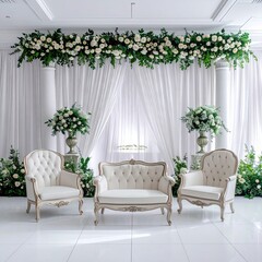 Elegant white wedding backdrop with floral arrangements and tufted sofas