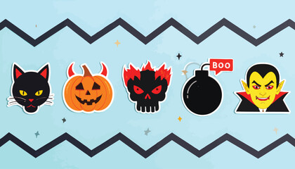 Cute, colorful Halloween-themed sticker set on a blue background