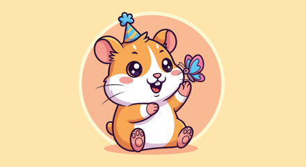 Cartoon hamster celebrating with butterfly in a festive birthday scene