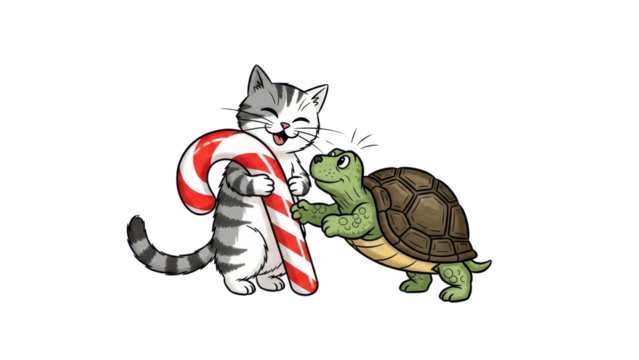 Isolated hand drawn cute cartoon cat and turtle with Christmas candy cane illustration isolated PNG with Transparent Background - Powered by Adobe