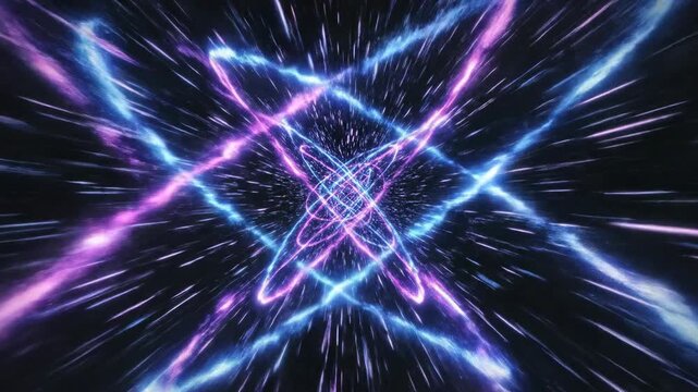 Seamlessly looping abstract background with swift blue and magenta light trails rapidly streaming forward like hyper-speed movement momentum, seamless, continuous