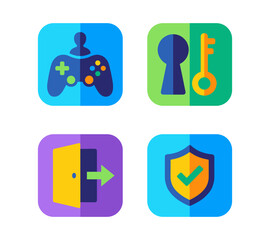 Security and Access Control Vector Icon Set: Key, Lock, Shield, Gaming, and Login/Logout Graphic Elements