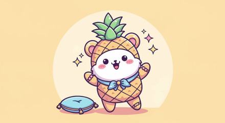 Cartoon hamster in pineapple costume cheerfully smiling with glitter effect