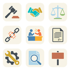 Legal Justice and Business Icons Collection: Agreement, Contract, Law, Dispute, Setting, and Development Vector Illustration Set