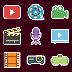 Video and Film Production Icons Set: Movie Camera, Play Button, Projector, Microphone, and Virtual Reality Gear Vector Collection