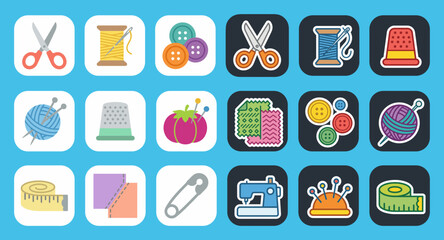 Sewing and Tailoring Icons Set: Needles, Threads, Scissors, Buttons, Thimbles, Measuring Tape, and Sewing Machine Vector Collection