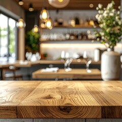 Blurred cafe interior, wooden tabletop