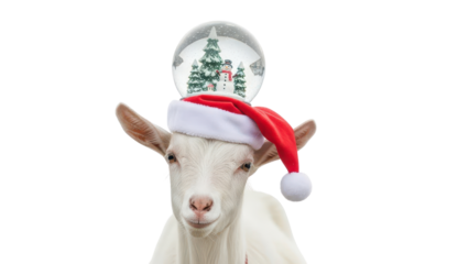 White goat wearing a red Santa hat and Christmas snow globe on its head isolated PNG with Transparent Background