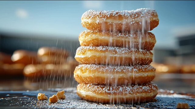 Stacked golden doughnuts are sprinkled with powdered sugar. Crumbs and blurred treats in the foreground against a blue sky