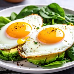 Two fried eggs atop avocado slices and spinach, seasoned with pepper