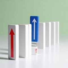 A single, prominent blue upward arrow stands out among a line of white domino-like blocks, each bearing a red upward arrow