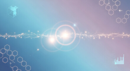 Abstract Digital Science Background with Glowing Particle Stream, Hexagonal Patterns, and Data Icons on Gradient Blue Purple