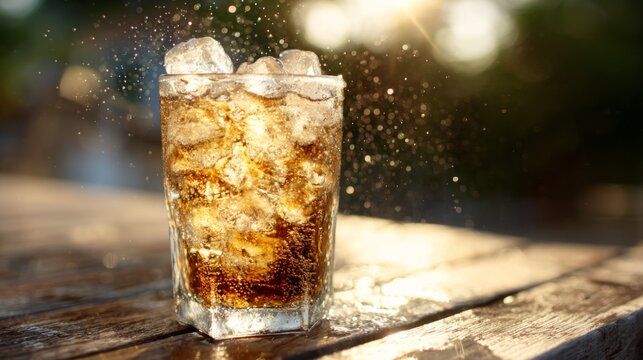 Refreshing Glass of Sparkling Beverage with Ice Cubes on a Wooden Table Surrounded by Natural Light and Water Droplets in the Background