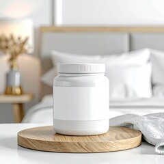 White plastic jar on wooden tray in bedroom
