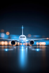 Fototapeta premium A futuristic illustration of an airplane about to take off on an airport runway at night.