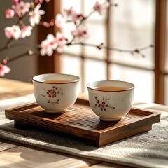 Two small, ceramic teacups, adorned with delicate cherry blossom patterns, sit on a wooden tray.  Soft natural light streams through a window, highlighting the cups and blossoms in the background
