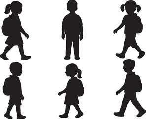 children with backpacks set silhouette vector