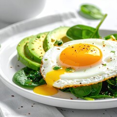 Fresh fried egg, avocado slices, and spinach.  A healthy breakfast plate