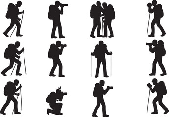 Obraz premium Collection of silhouettes depicting hikers and photographers in various poses carrying backpacks and using trekking poles or cameras during outdoor adventures