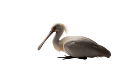 White Spoonbill bird with distinctive long flat bill and crest sitting isolated PNG with Transparent Background