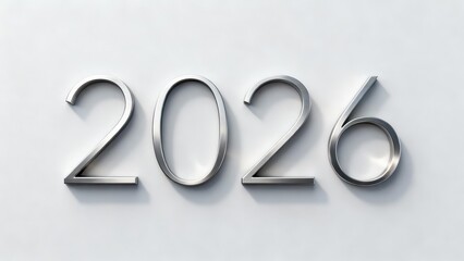 Three dimensional metallic numerals display the year twenty twenty six against a pale background